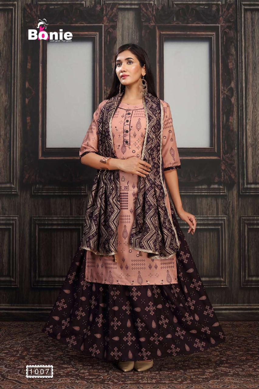 Bonie Meena 2 Latest Fancy Casual Wear Finest Quality Of Rayon Heavy Gold Printed Kurtis With Skirt Collection 